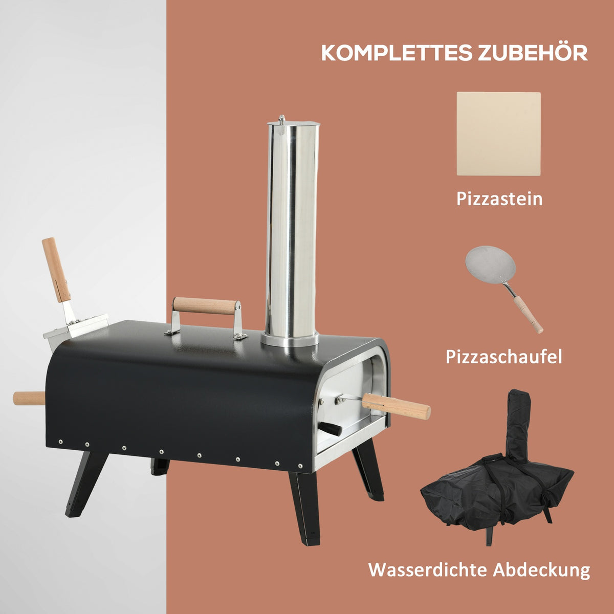 2-In-1 Pizza Oven, Wood-Fired Oven With Pizza Stone, Pizza Shovel, Pizza Peel, Foldable, Steel, Black, Outdoor Bbq