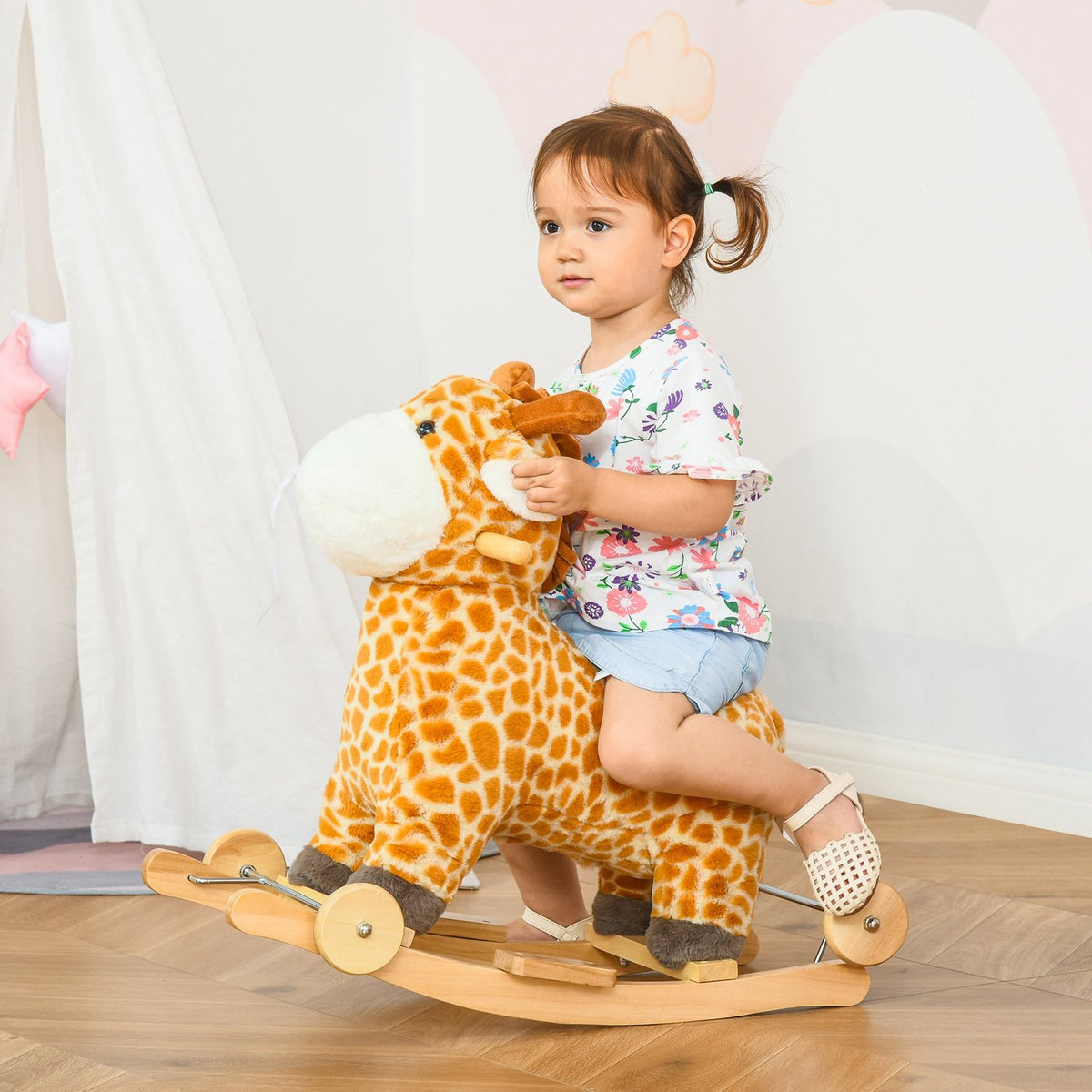 2-In-1 Rocking Horse Wheels Yellow Plush Toy Convertible 63X38X63Cm