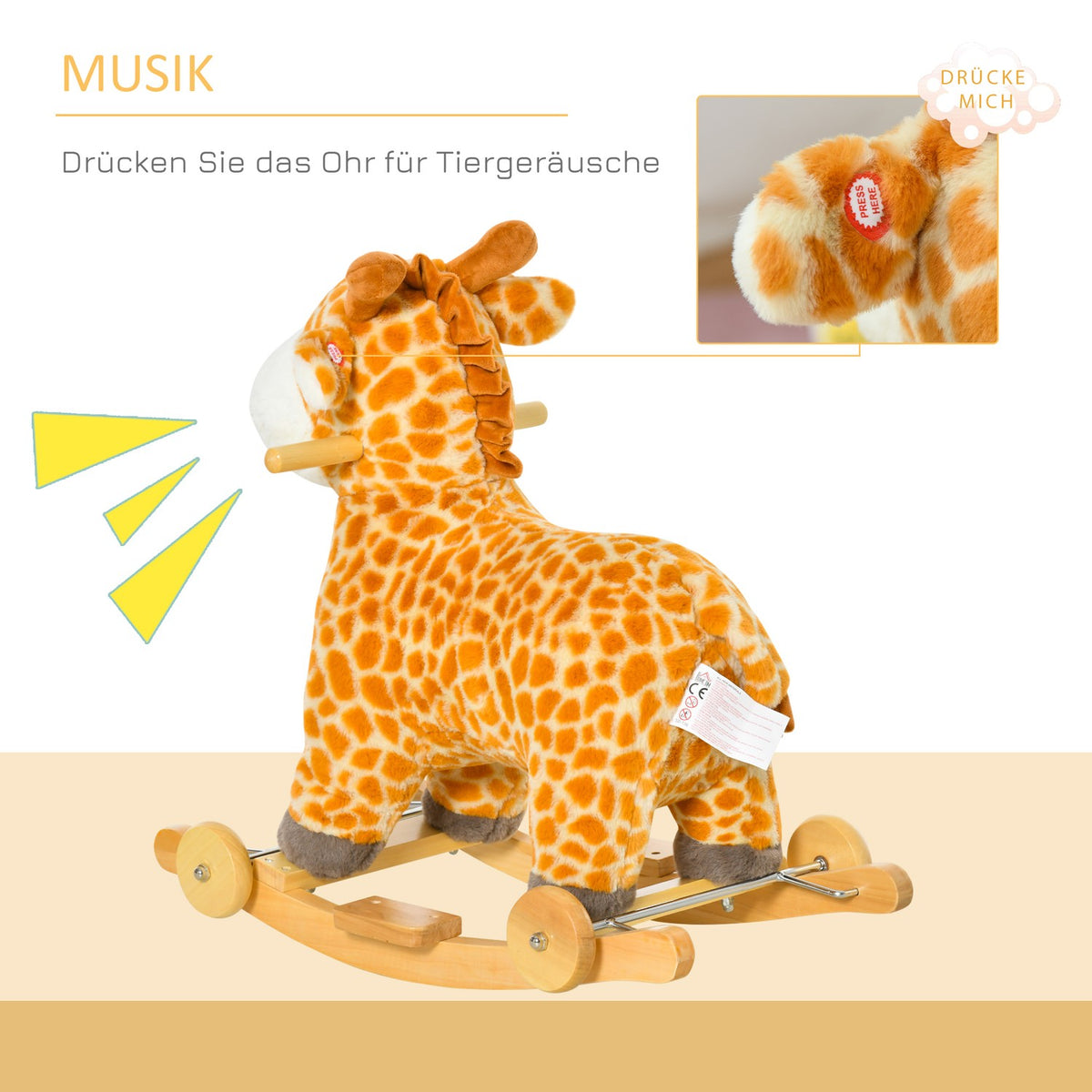 2-In-1 Rocking Horse Wheels Yellow Plush Toy Convertible 63X38X63Cm