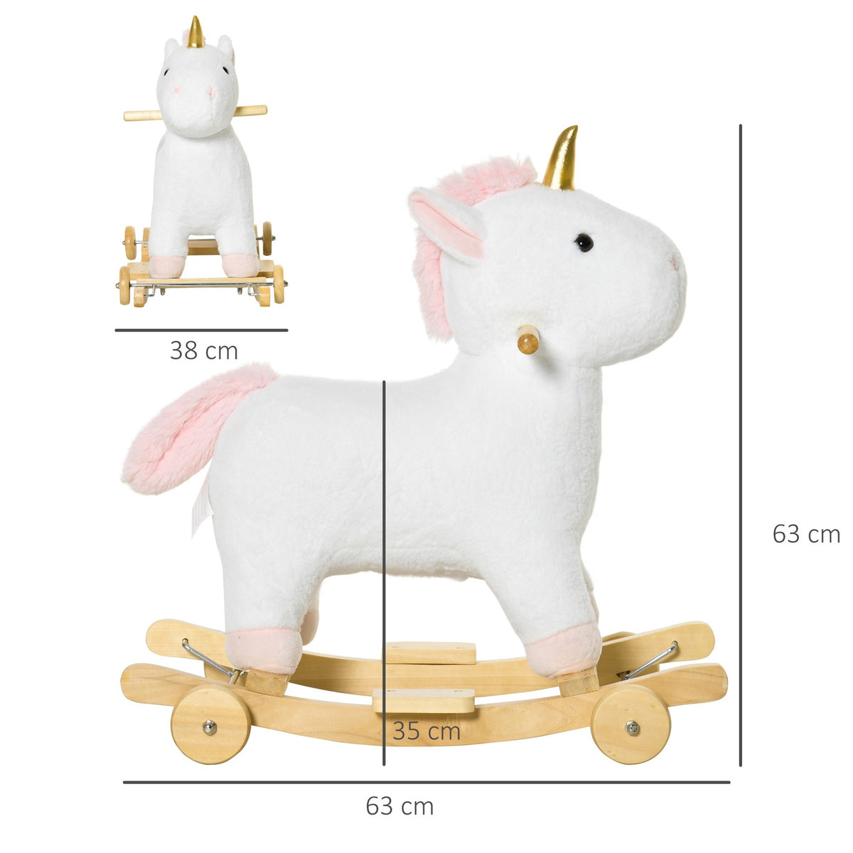 2-In-1 Rocking Horse With Wheels Plush Rocking Animal Toy For Children, White, 63X38X63Cm