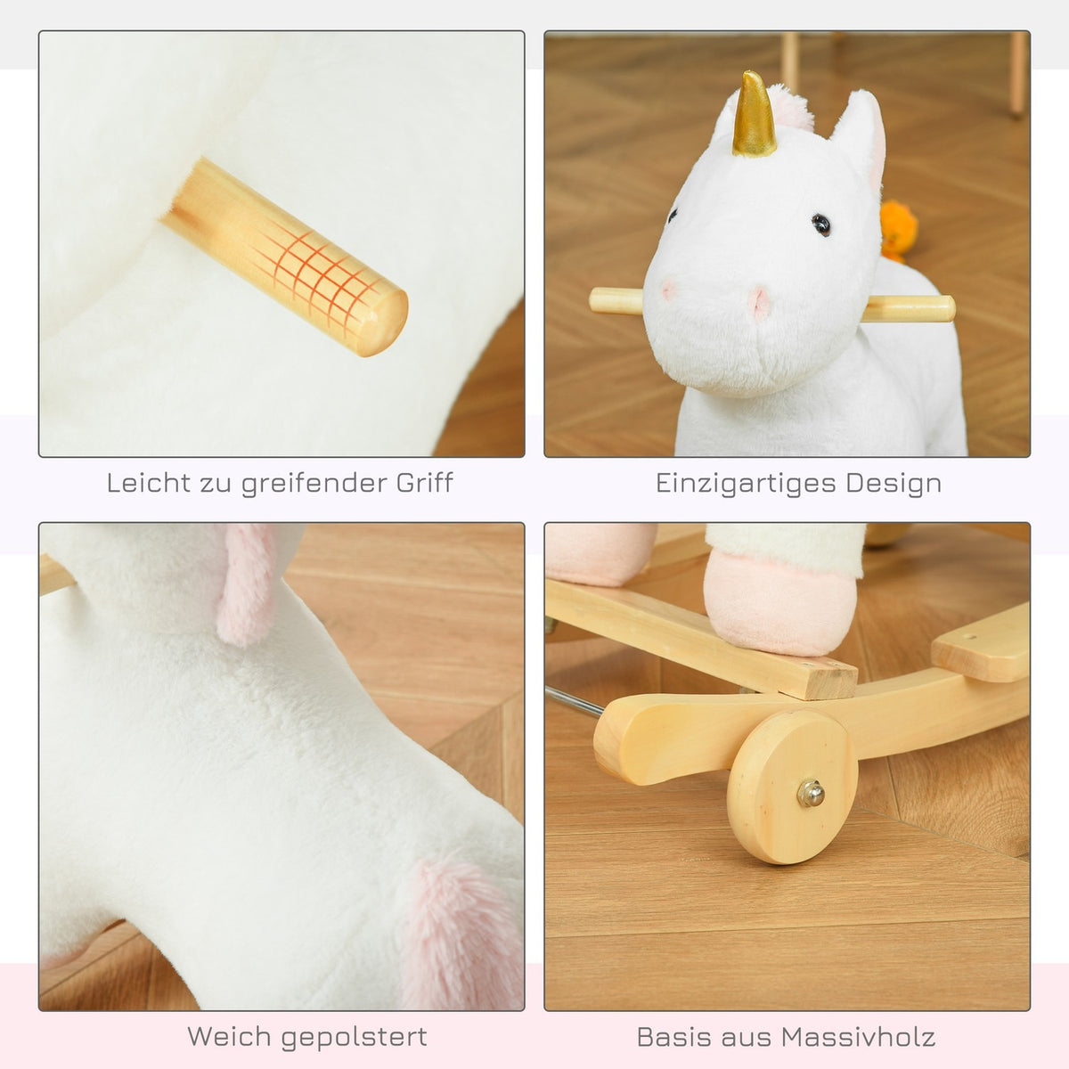 2-In-1 Rocking Horse With Wheels Plush Rocking Animal Toy For Children, White, 63X38X63Cm