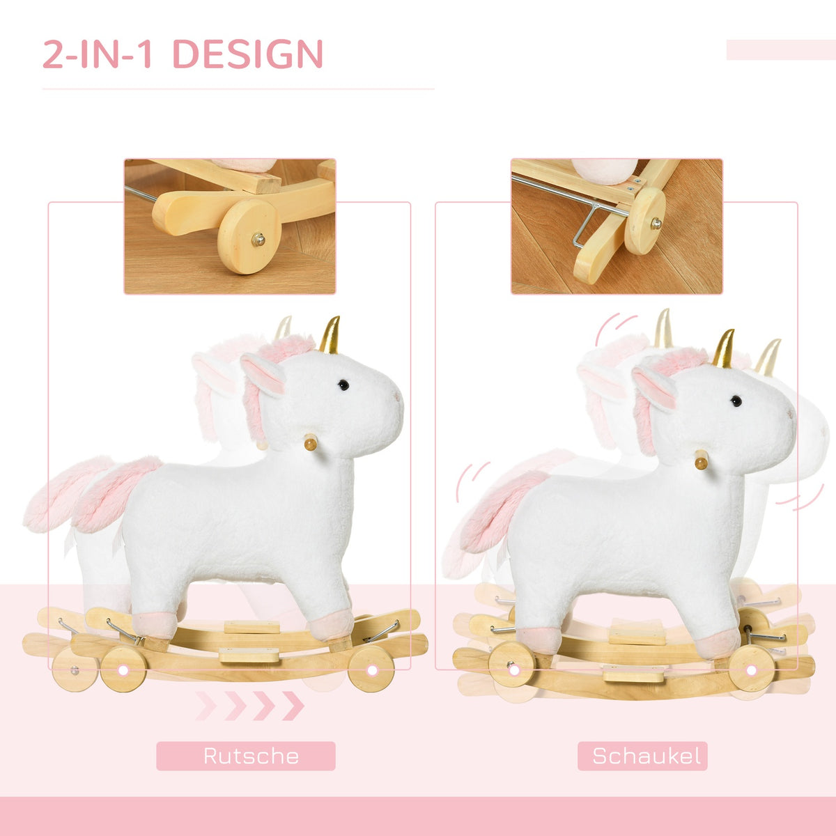 2-In-1 Rocking Horse With Wheels Plush Rocking Animal Toy For Children, White, 63X38X63Cm