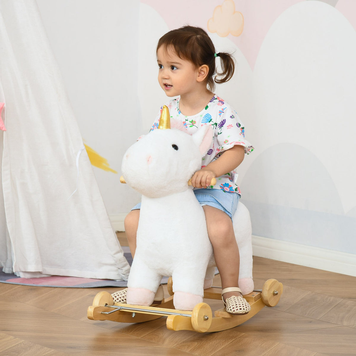 2-In-1 Rocking Horse With Wheels Plush Rocking Animal Toy For Children, White, 63X38X63Cm