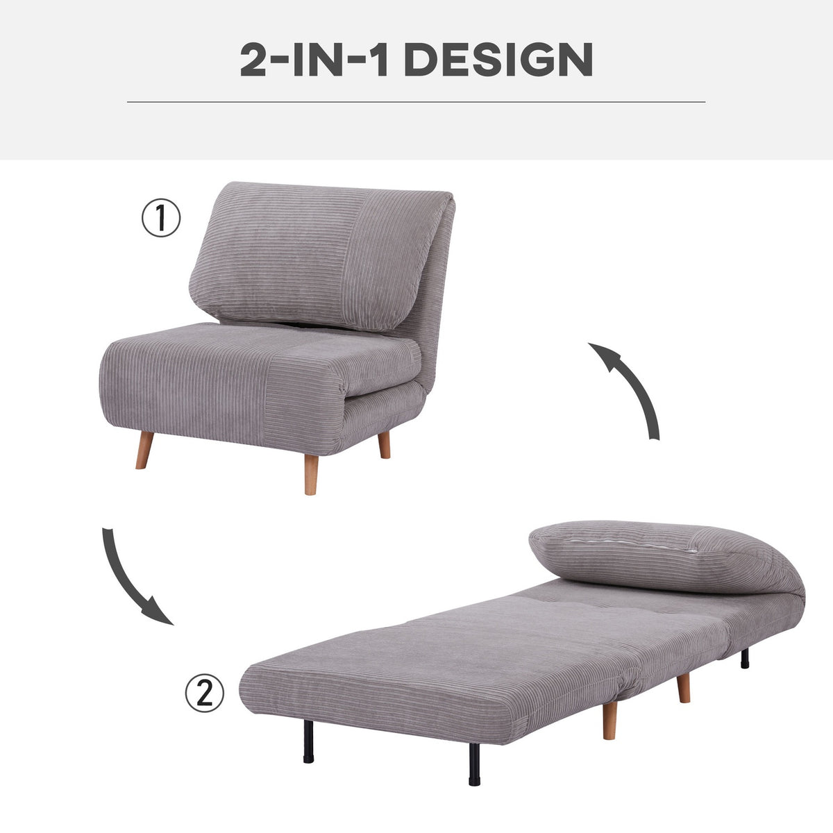 2-In-1 Sofa Bed, Chair Bed, Adjustable Folding Mattress, Guest Bed, Folding Bed, Cord Look For Bedroom And Living Room, Polyester Light Grey