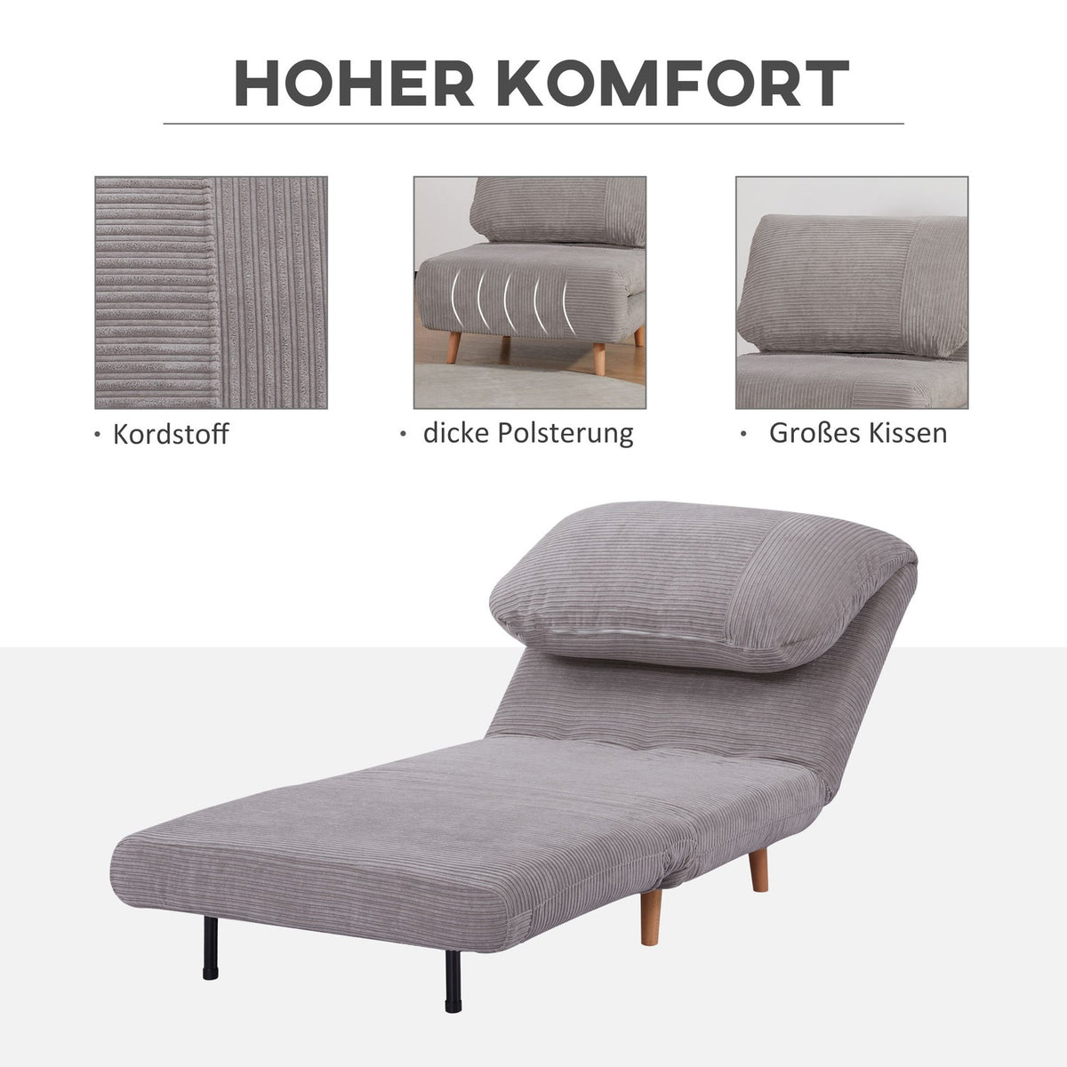 2-In-1 Sofa Bed, Chair Bed, Adjustable Folding Mattress, Guest Bed, Folding Bed, Cord Look For Bedroom And Living Room, Polyester Light Grey