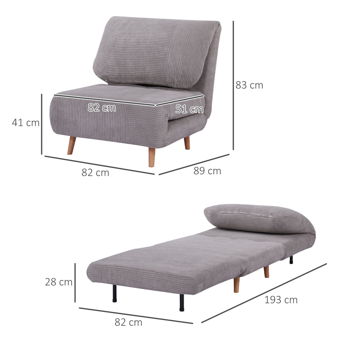 2-In-1 Sofa Bed, Chair Bed, Adjustable Folding Mattress, Guest Bed, Folding Bed, Cord Look For Bedroom And Living Room, Polyester Light Grey