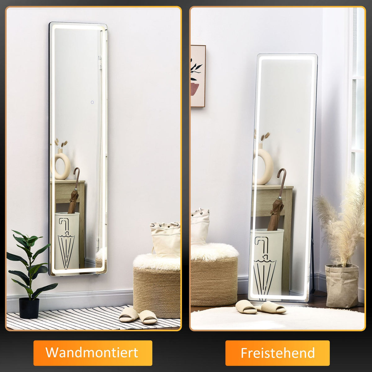 2 In 1 Standing Mirror, Full-Length Mirror With Led Lighting, Free-Standing Wall Mirror, Make-Up Mirror Silver + Black, 40 X 37 X 156.5 Cm