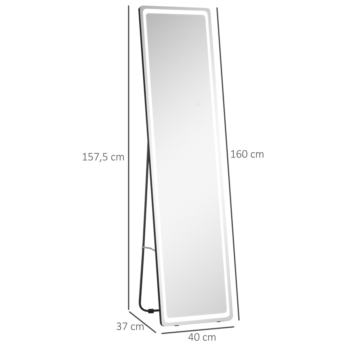 2 In 1 Standing Mirror, Full-Length Mirror With Led Lighting, Free-Standing Wall Mirror, Make-Up Mirror Silver + Black, 40 X 37 X 156.5 Cm