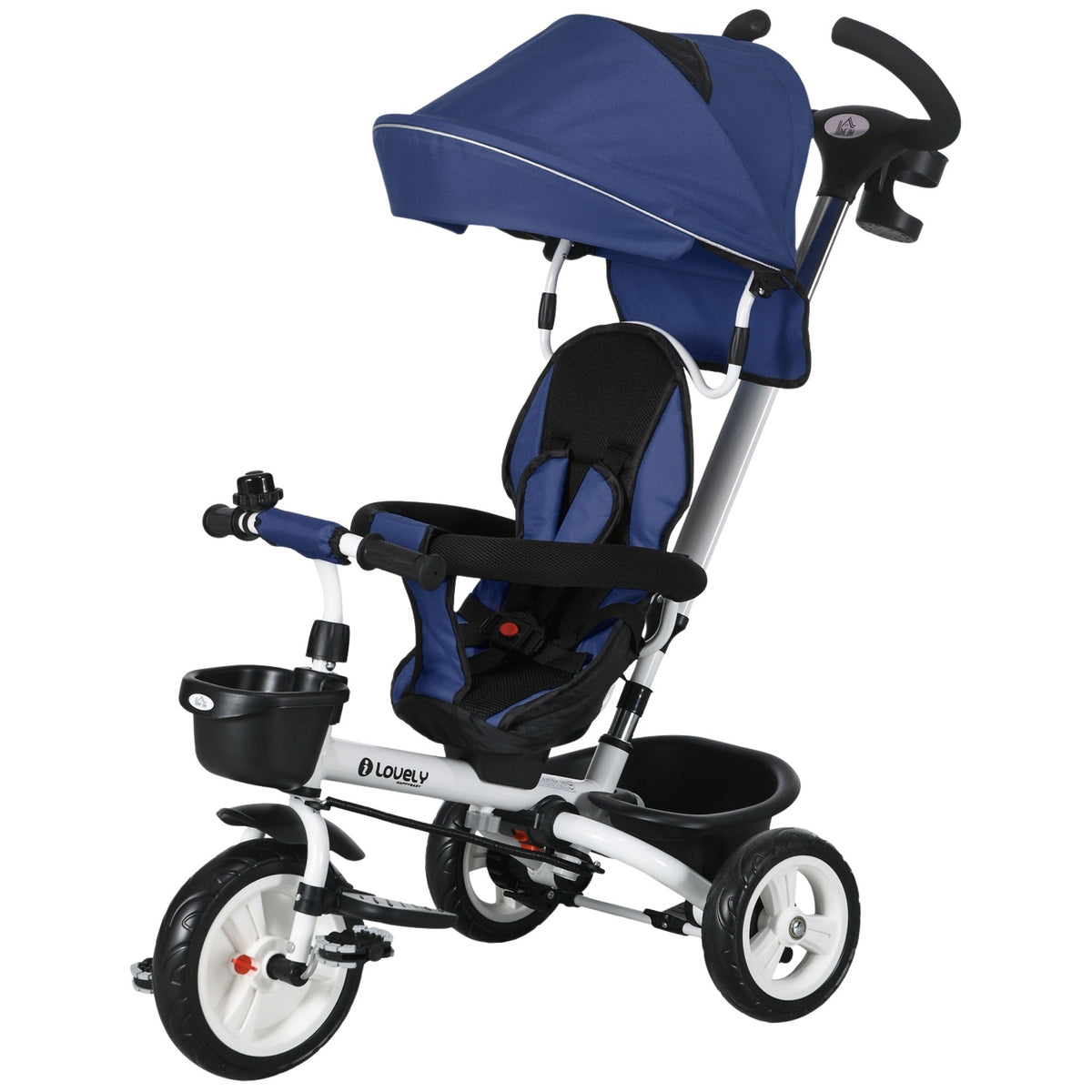 2-In-1 Tricycle Push Bar Children'S Tricycle Seat Belt Foldable Sun Canopy Drink Holder Basket Pedal 1-5 Years Blue