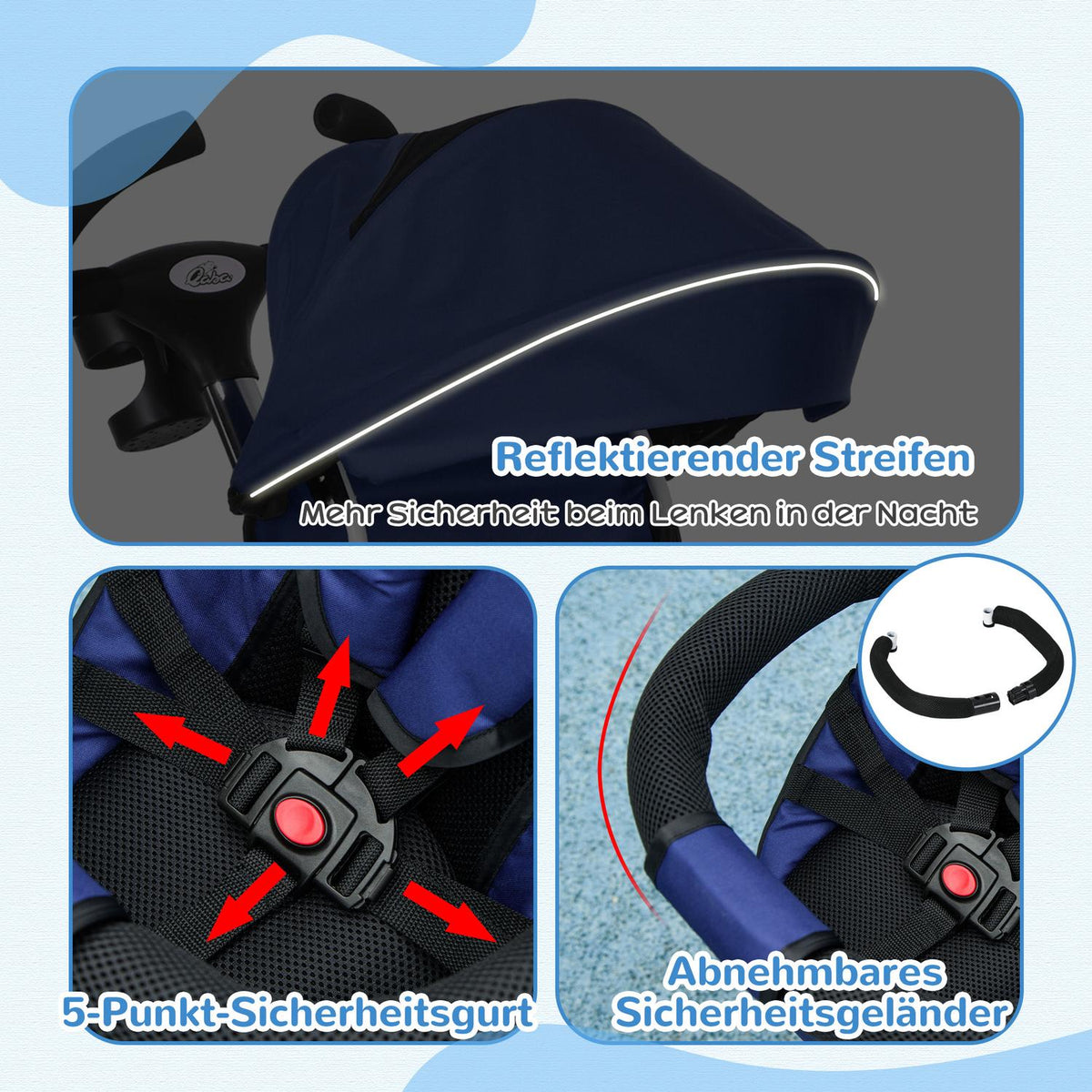 2-In-1 Tricycle Push Bar Children'S Tricycle Seat Belt Foldable Sun Canopy Drink Holder Basket Pedal 1-5 Years Blue