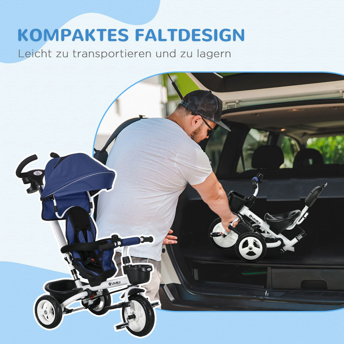 2-In-1 Tricycle Push Bar Children'S Tricycle Seat Belt Foldable Sun Canopy Drink Holder Basket Pedal 1-5 Years Blue
