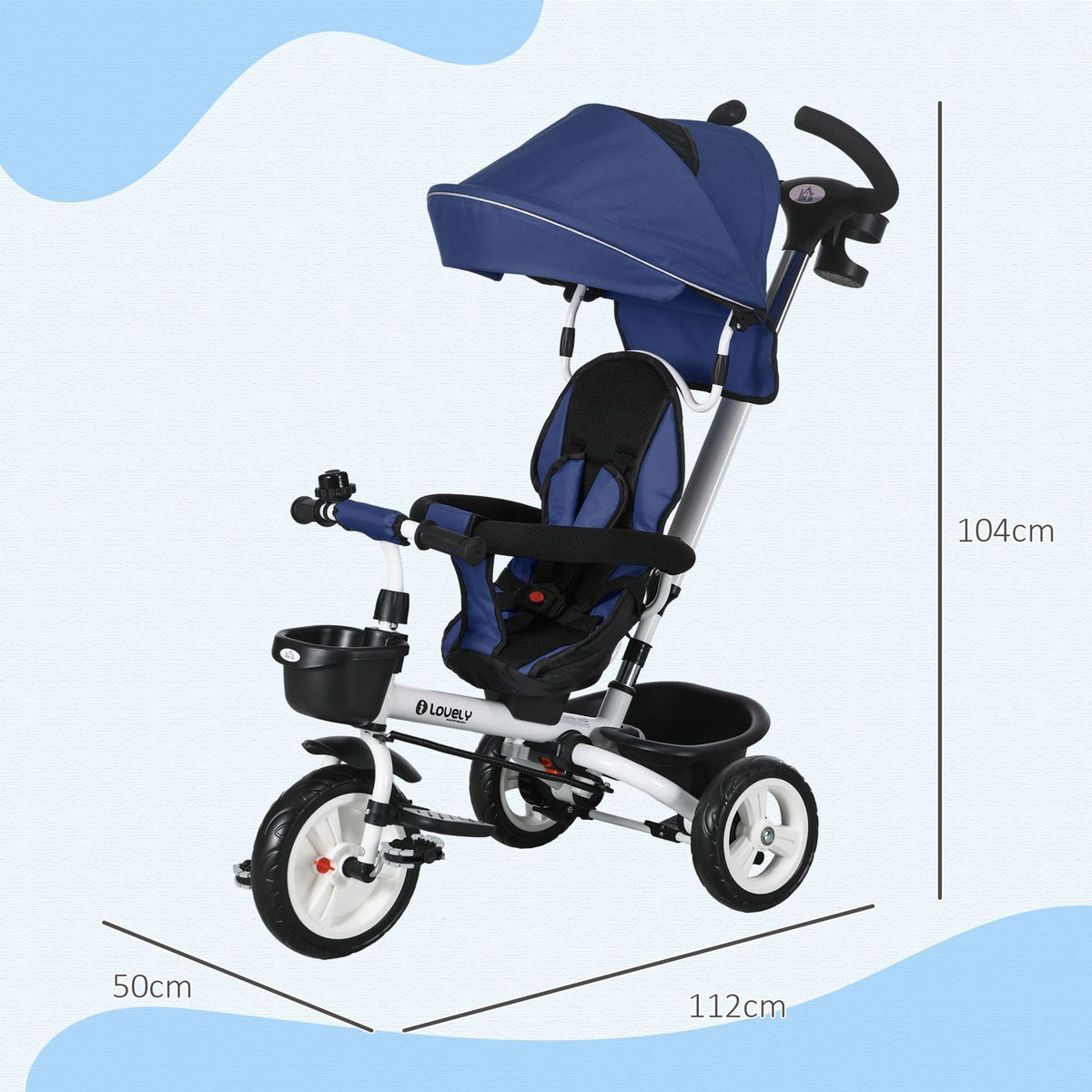 2-In-1 Tricycle Push Bar Children'S Tricycle Seat Belt Foldable Sun Canopy Drink Holder Basket Pedal 1-5 Years Blue