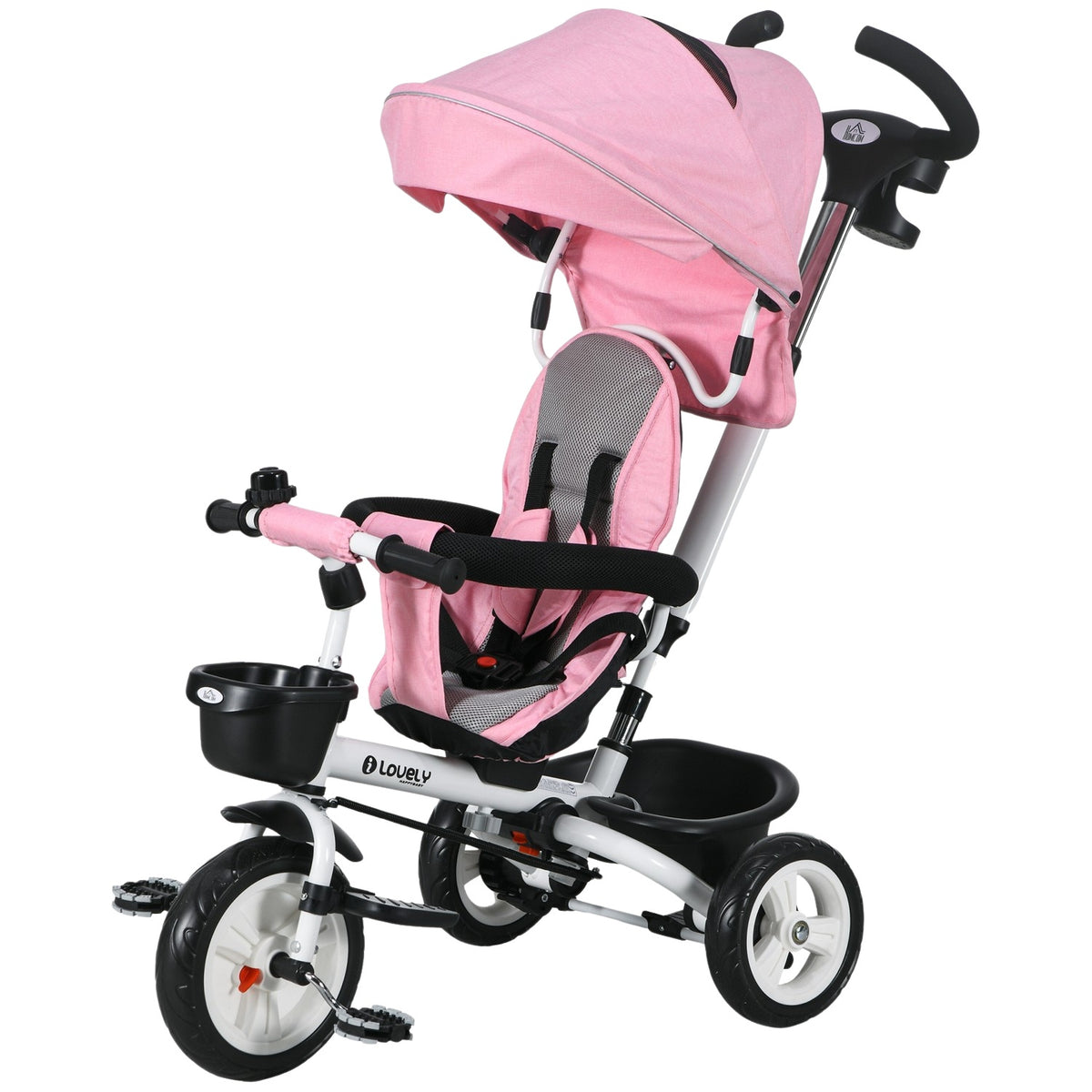 2-In-1 Tricycle Push Bar Children'S Tricycle Seat Belt Foldable Sun Canopy Drink Holder Basket Pedal 1-5 Years Pink