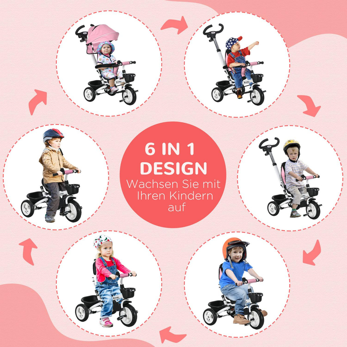 2-In-1 Tricycle Push Bar Children'S Tricycle Seat Belt Foldable Sun Canopy Drink Holder Basket Pedal 1-5 Years Pink