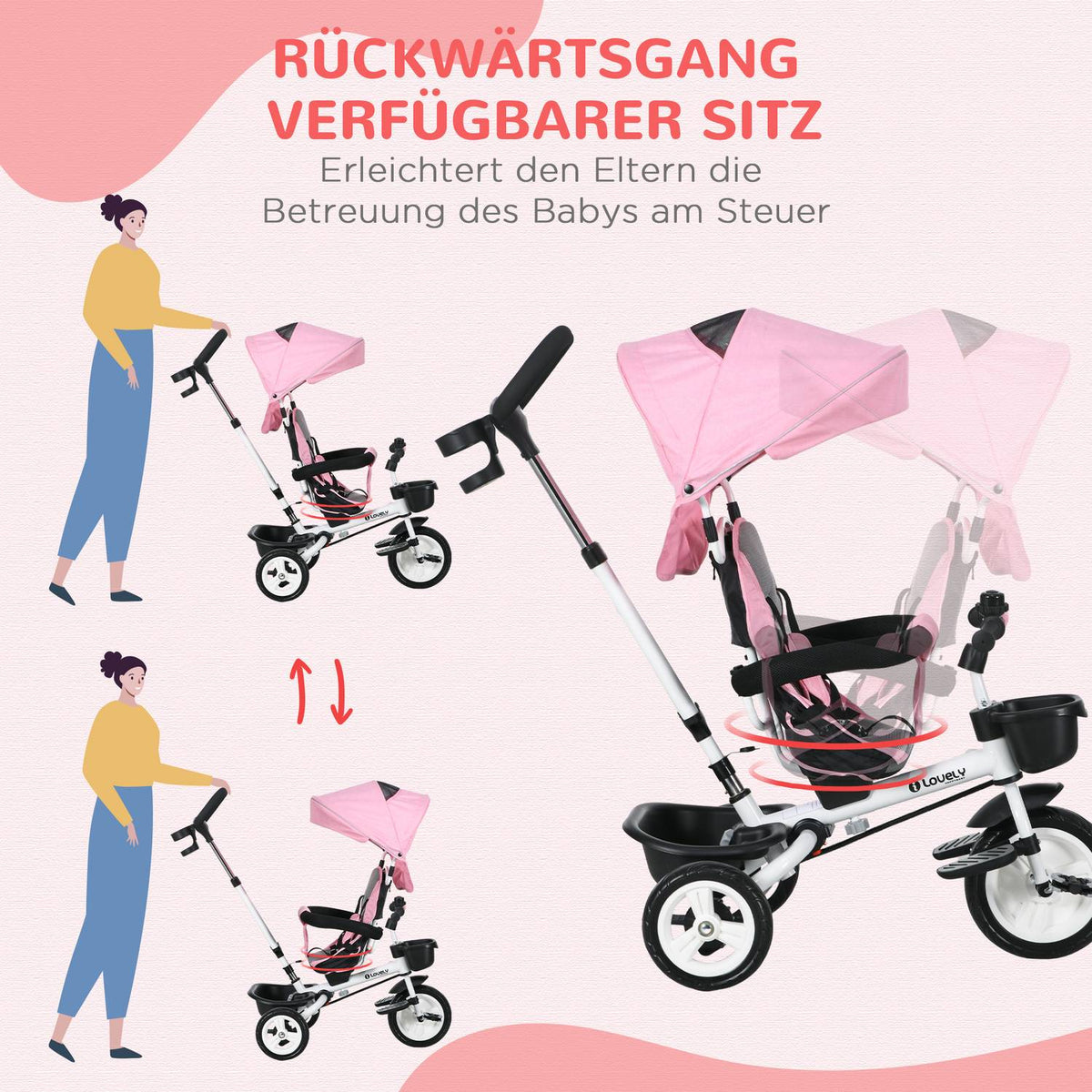 2-In-1 Tricycle Push Bar Children'S Tricycle Seat Belt Foldable Sun Canopy Drink Holder Basket Pedal 1-5 Years Pink