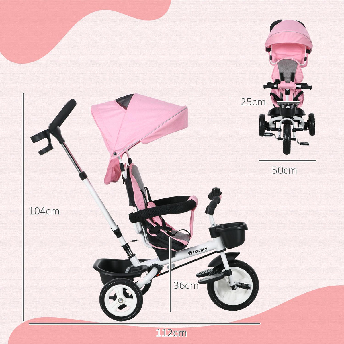 2-In-1 Tricycle Push Bar Children'S Tricycle Seat Belt Foldable Sun Canopy Drink Holder Basket Pedal 1-5 Years Pink