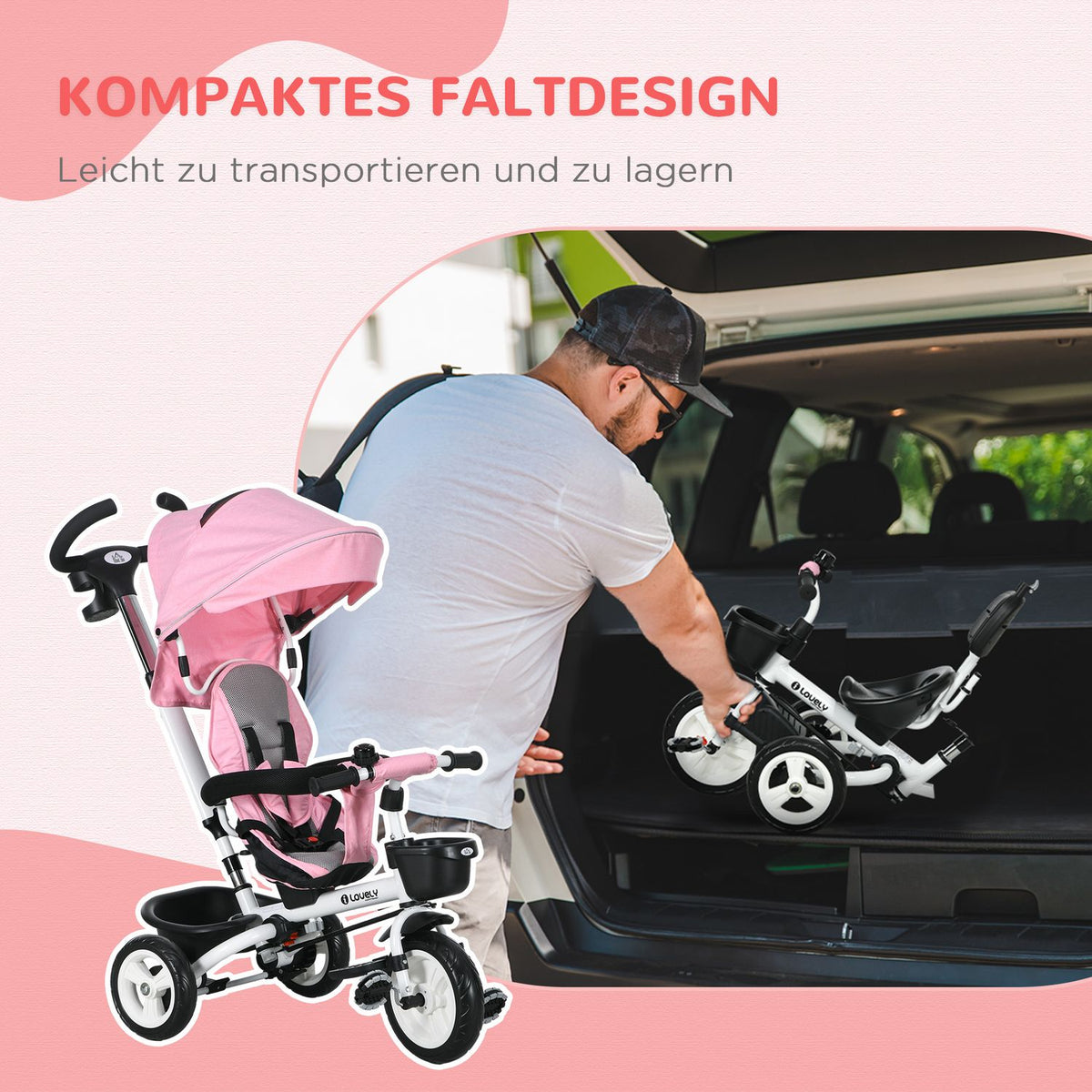 2-In-1 Tricycle Push Bar Children'S Tricycle Seat Belt Foldable Sun Canopy Drink Holder Basket Pedal 1-5 Years Pink