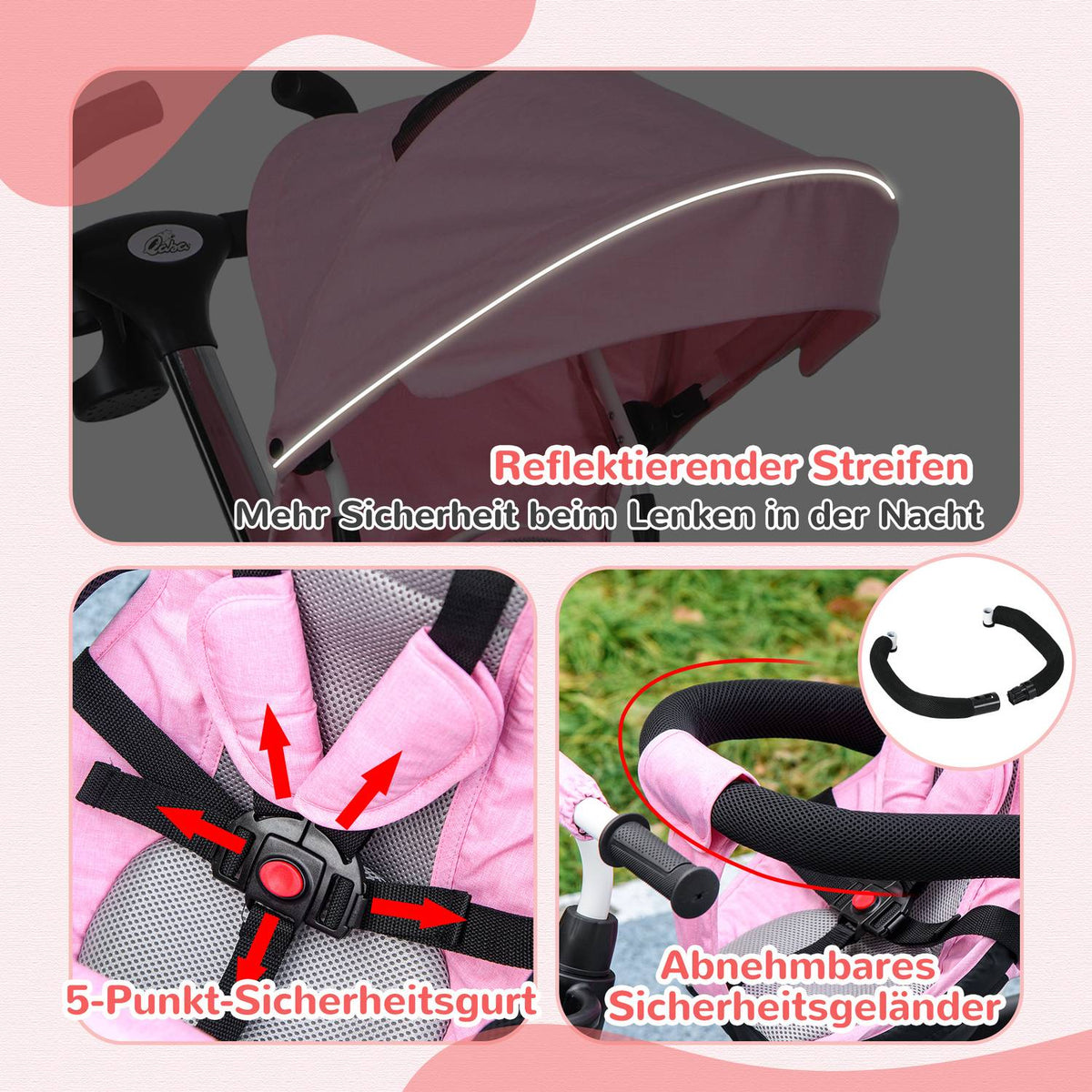 2-In-1 Tricycle Push Bar Children'S Tricycle Seat Belt Foldable Sun Canopy Drink Holder Basket Pedal 1-5 Years Pink