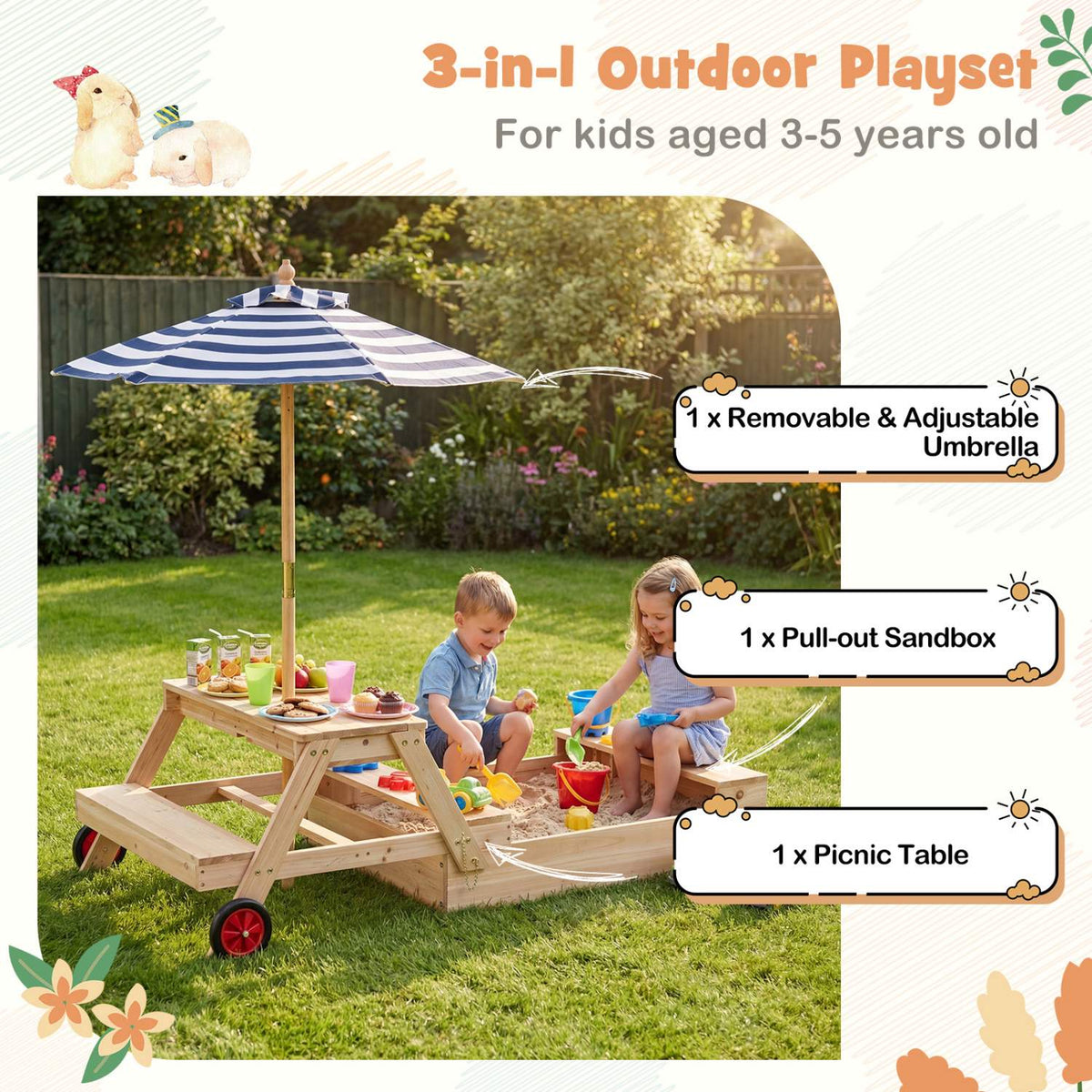 2-In-1 Wooden Sandbox and Picnic Table With Umbrella, Blue