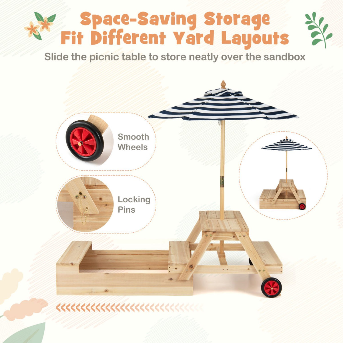 2-In-1 Wooden Sandbox and Picnic Table With Umbrella, Blue