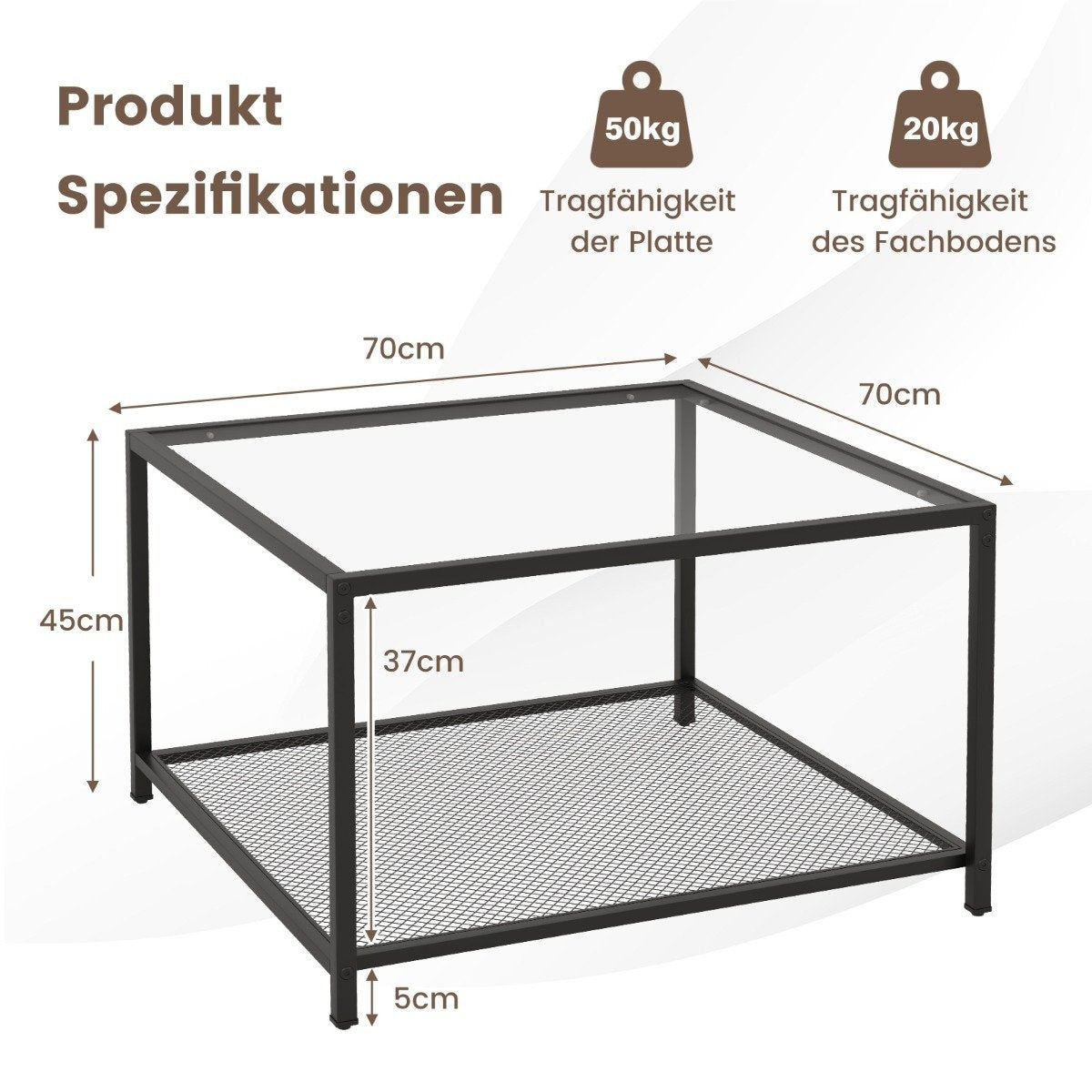 2 Level Glass Table with Storage Space & Mesh Shelf Modern Square Coffee Table 70 x 70 x 45 cm Transparent