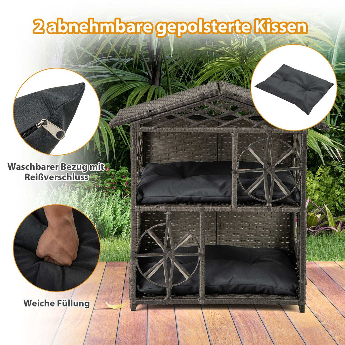 2-Level Rattan Cat House with Removable Cushions