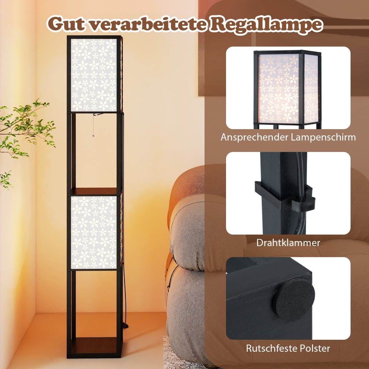 2-Light Floor Lamp with Shelves, Acrylic Shades