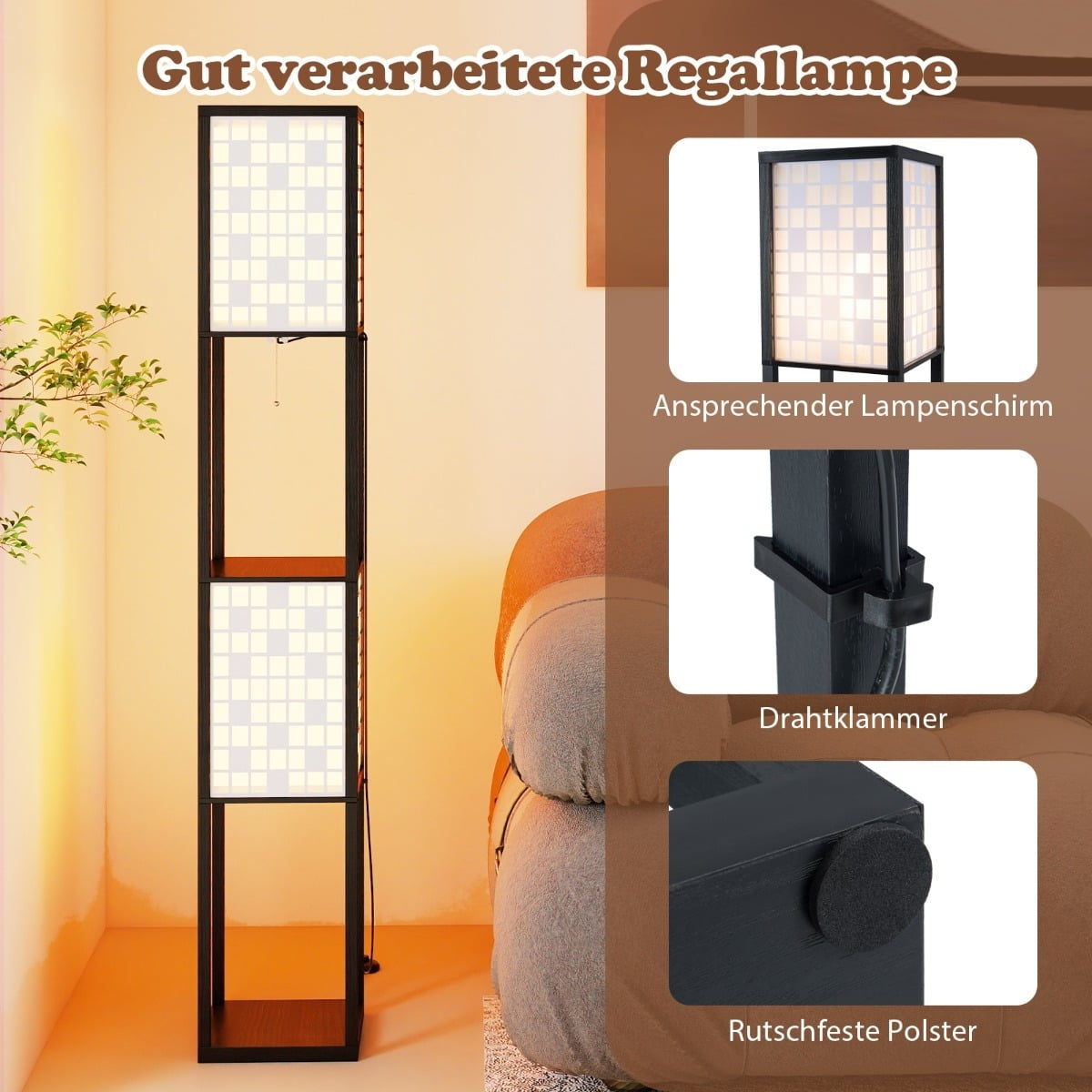 2-Light Floor Lamp with Shelves and Foot Switch