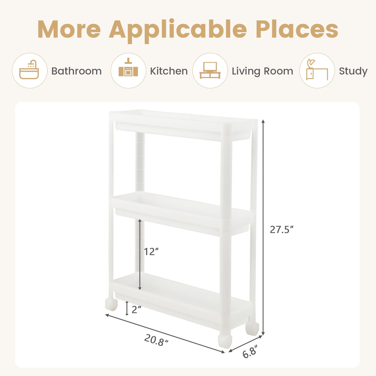2-Pack 3-Tier Slim Rolling Storage Cart, White, Drainage Holes