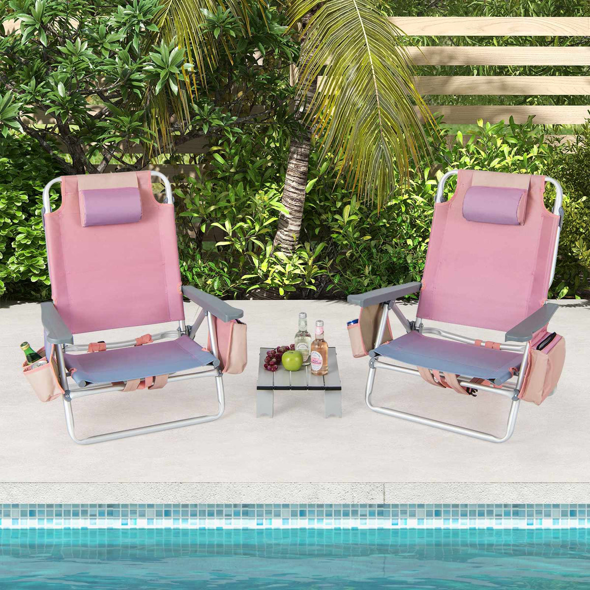 2-Pack Folding Backpack Beach Chair Set with Table