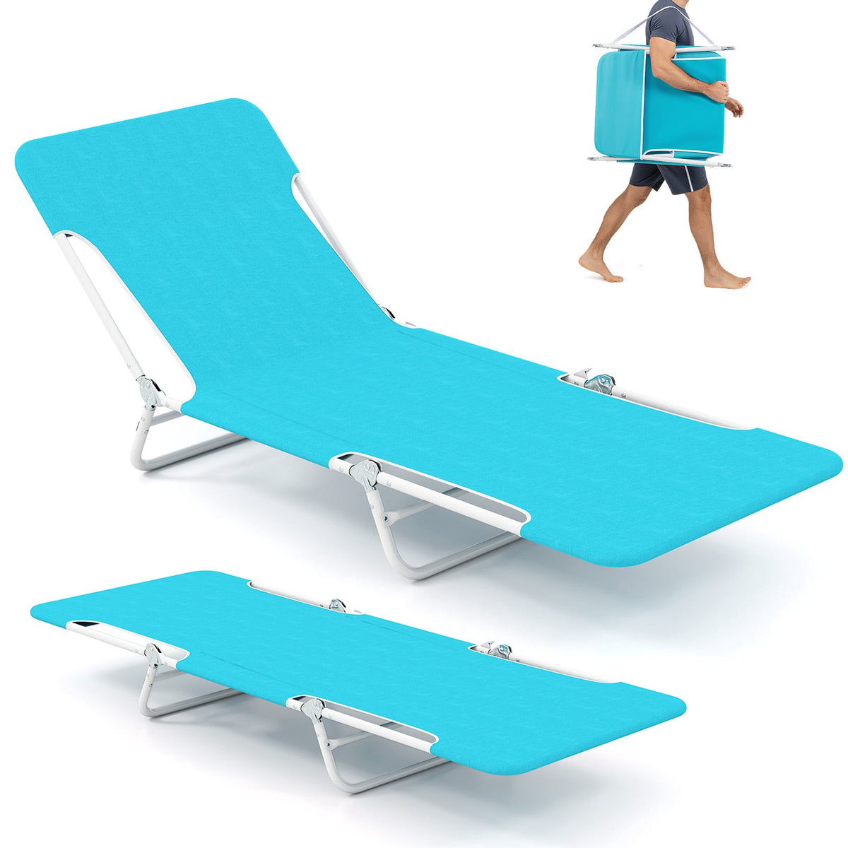 2-Pack Folding Chaise Lounge Chairs, 5-Position, Blue