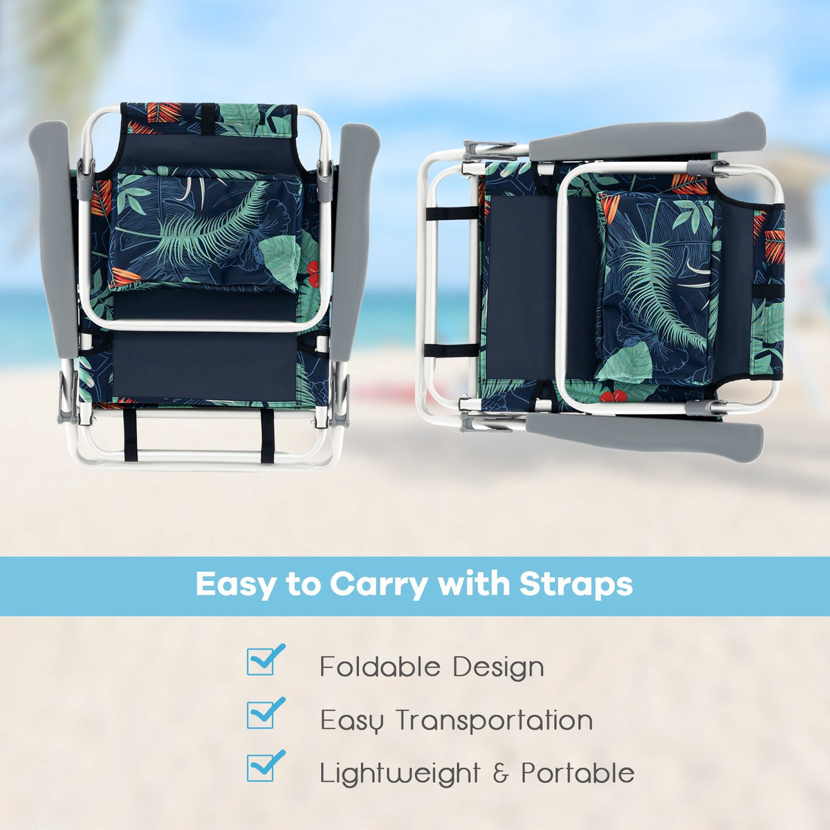 2-Pack Folding Reclining Beach Chair Set with Table