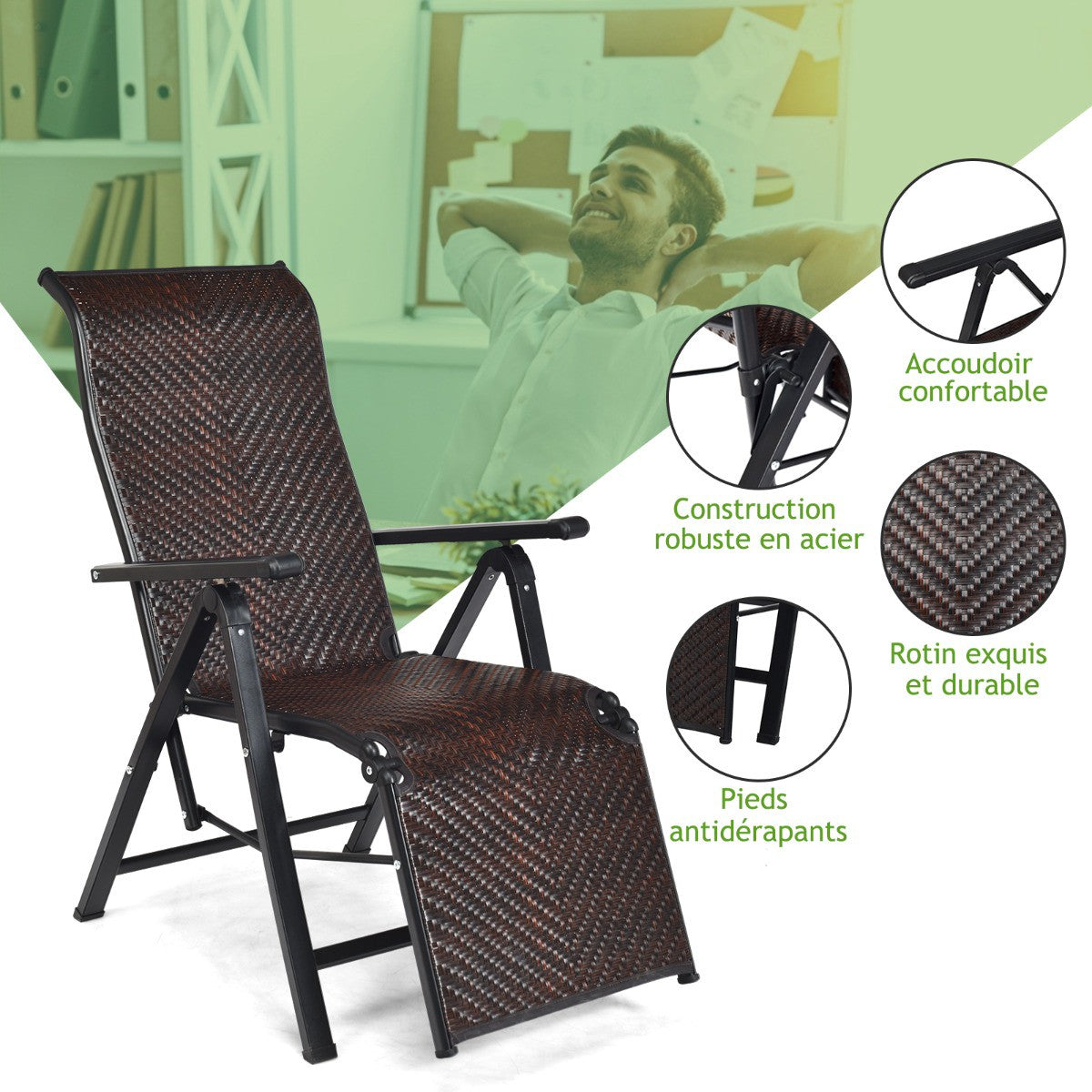 2-Pack PE Rattan Recliner Lounge Chairs, Adjustable Foldable