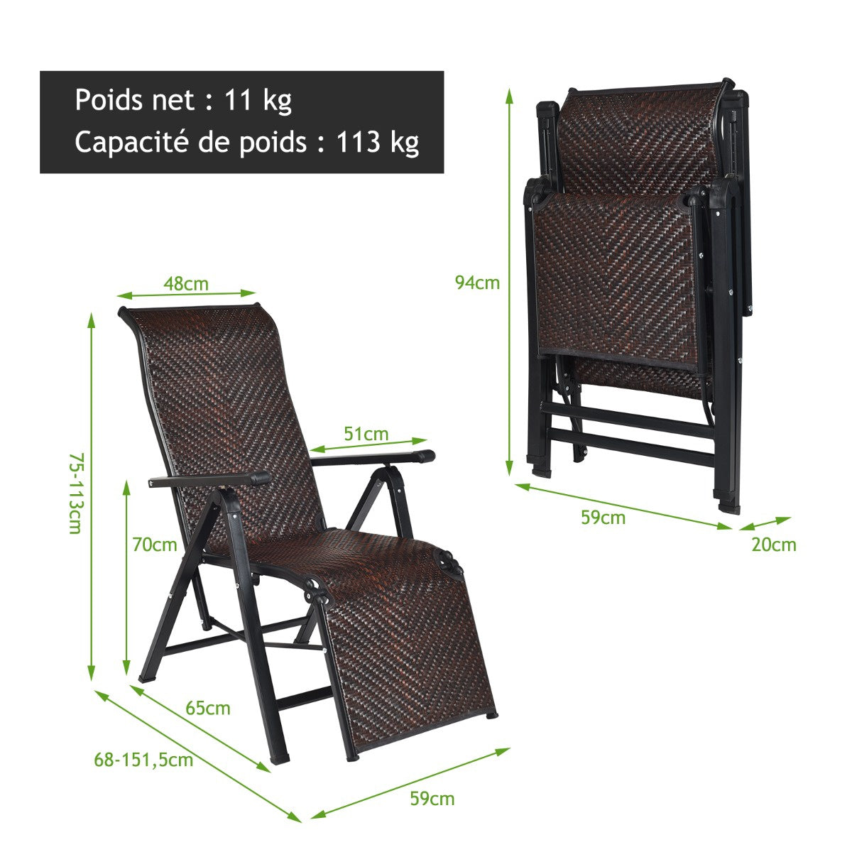 2-Pack PE Rattan Recliner Lounge Chairs, Adjustable Foldable