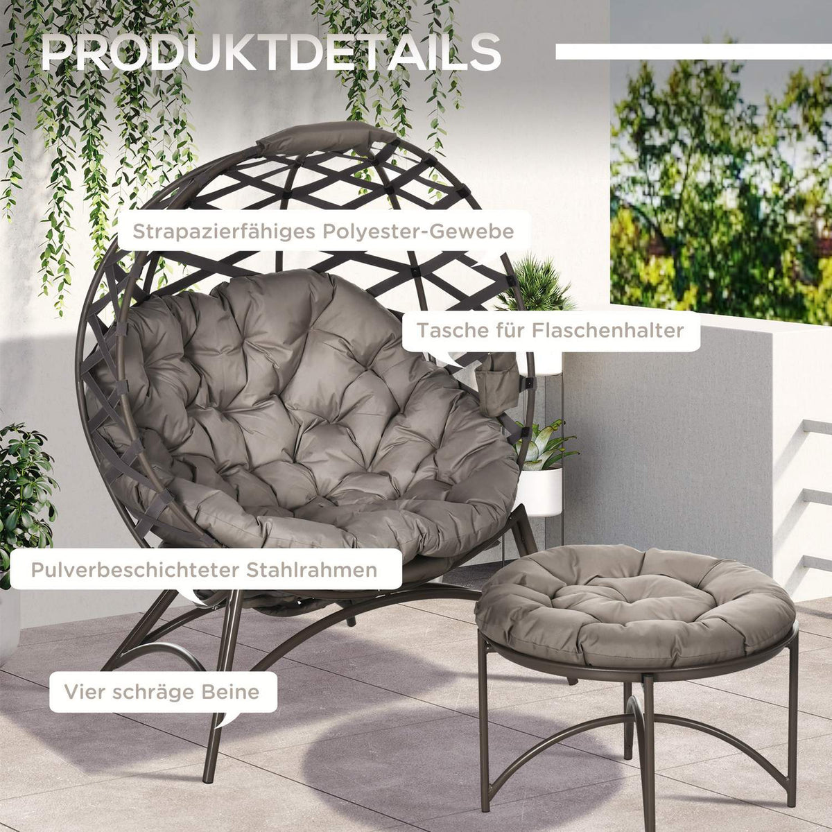 2 Pcs. Garden Chair Set, Wicker Chair With Foldable Seat Basket, Including 2-In-1 Stool, Cushion, Lounge Chair Steel, Sand, 118 X 75 X 142 Cm