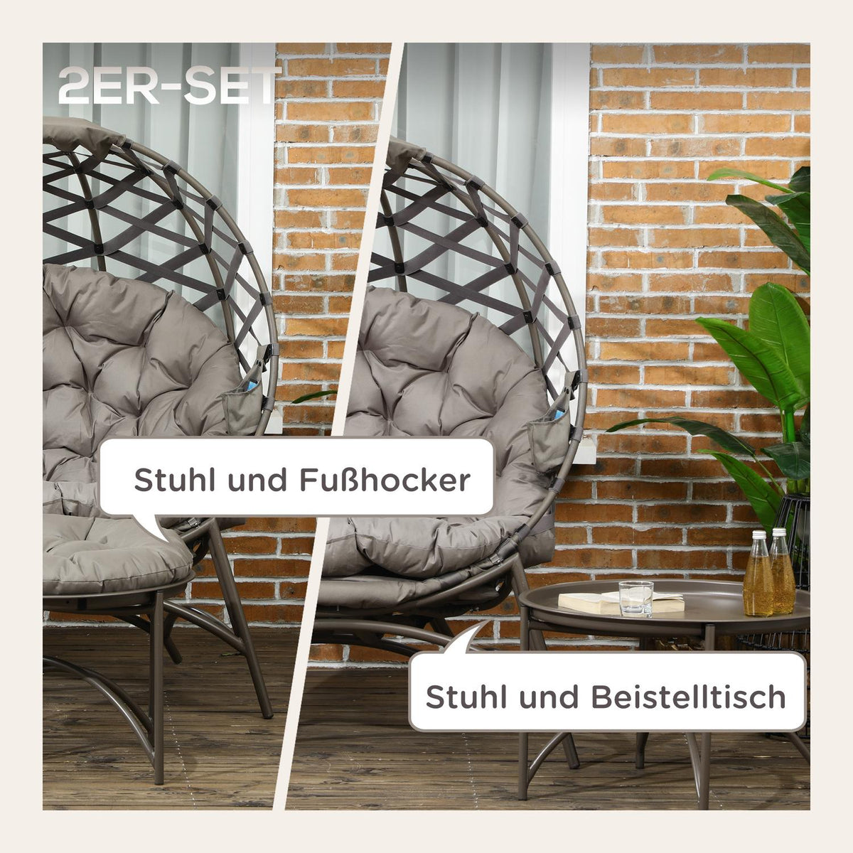2 Pcs. Garden Chair Set, Wicker Chair With Foldable Seat Basket, Including 2-In-1 Stool, Cushion, Lounge Chair Steel, Sand, 118 X 75 X 142 Cm