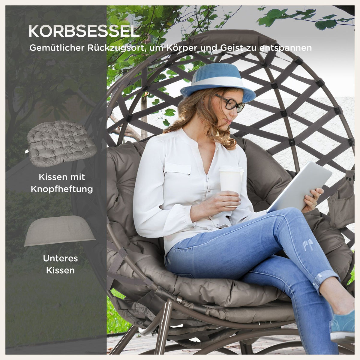 2 Pcs. Garden Chair Set, Wicker Chair With Foldable Seat Basket, Including 2-In-1 Stool, Cushion, Lounge Chair Steel, Sand, 118 X 75 X 142 Cm