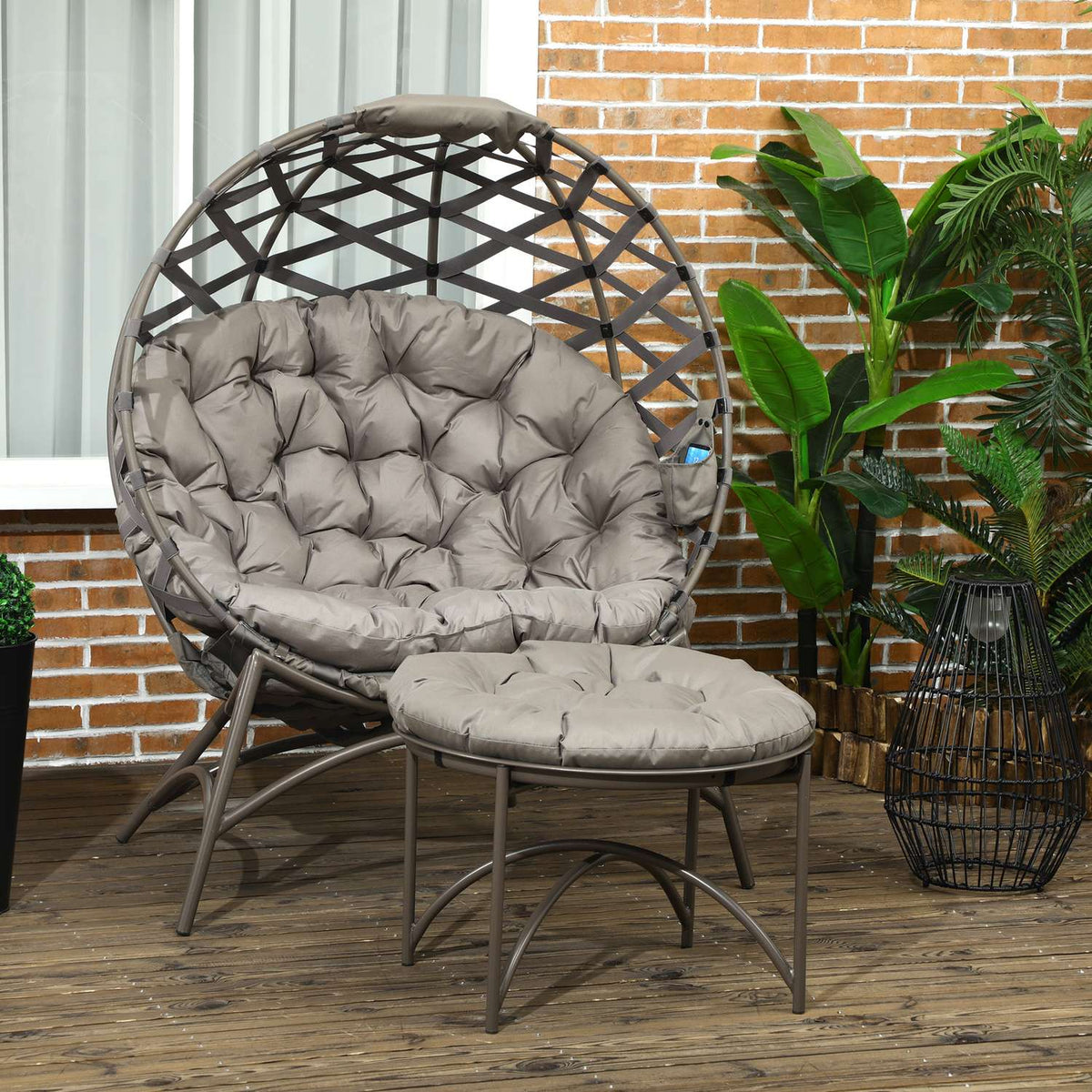 2 Pcs. Garden Chair Set, Wicker Chair With Foldable Seat Basket, Including 2-In-1 Stool, Cushion, Lounge Chair Steel, Sand, 118 X 75 X 142 Cm