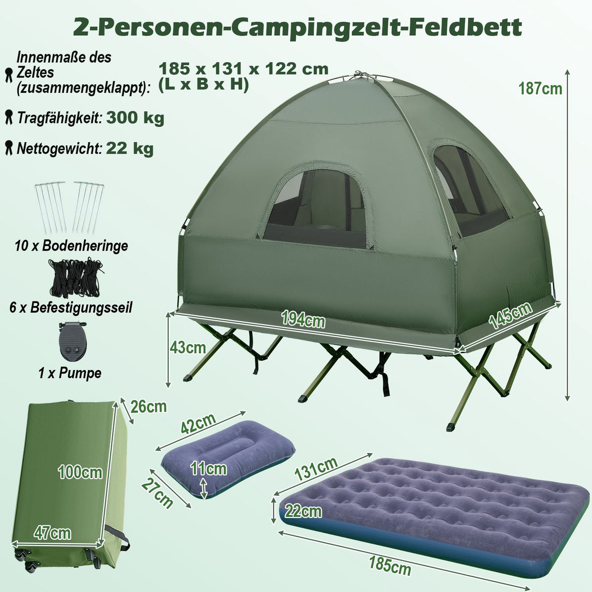 2-Person Camping Tent Cot Set With Air Mattress