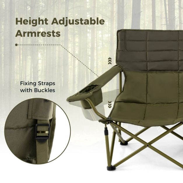 2-Person Folding Camping Chair, Padded, Cup Holders, Green