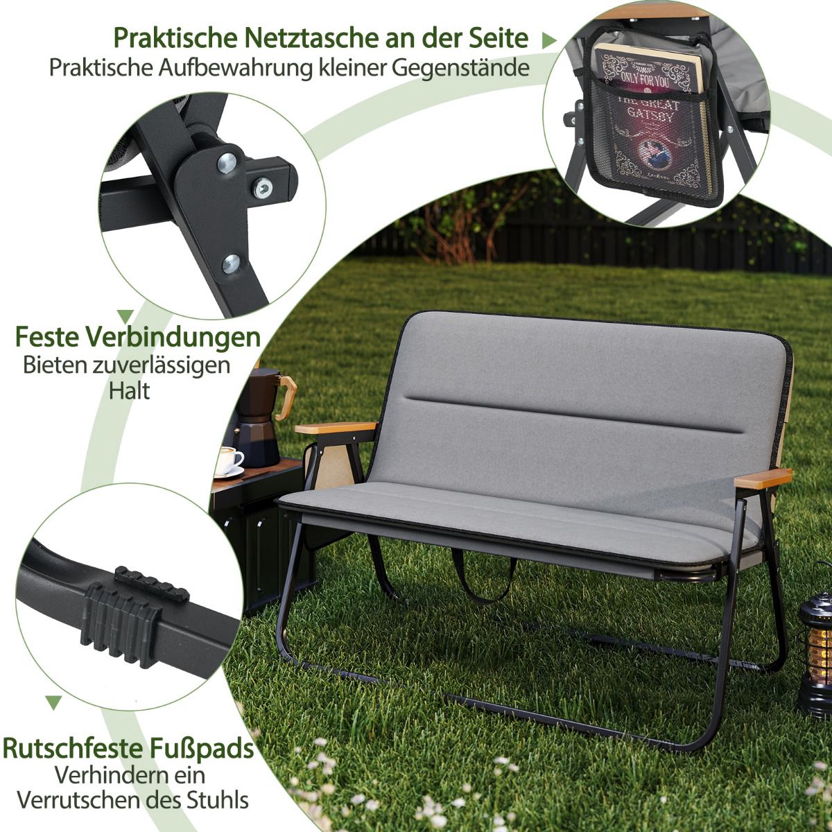 2-Person Folding Camping Loveseat Chair, Cushion, Side Pocket, 300 kg