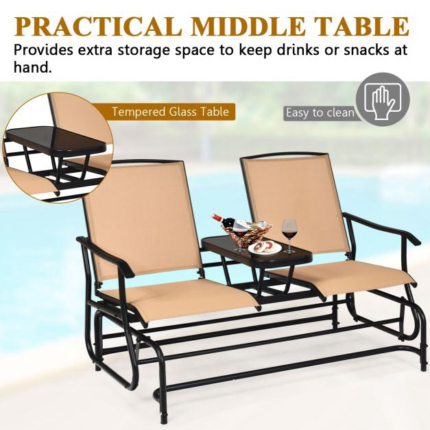 2-Person Outdoor Glider Chair with Mesh and Glass Table