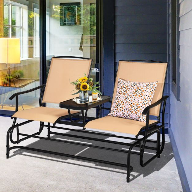 2-Person Outdoor Glider Chair with Mesh and Glass Table