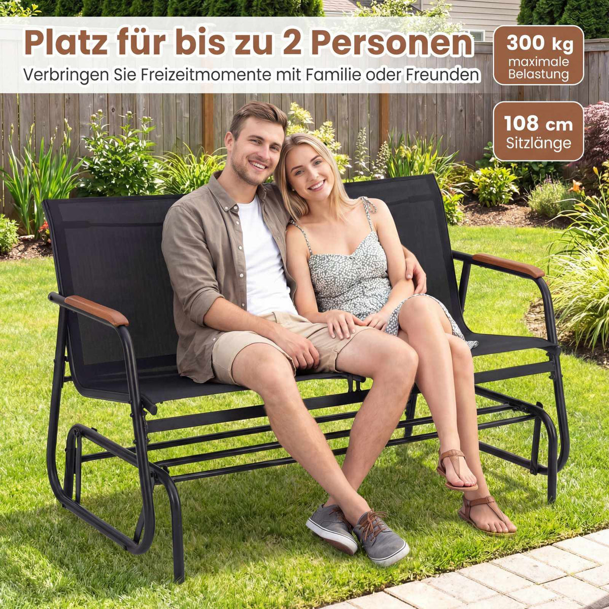 2-Person Swing Bench with Teak Armrests, Black