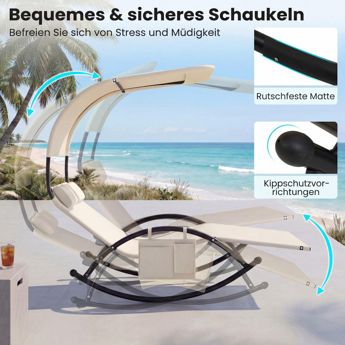 2-Person Swing Sun Lounger With Canopy, 2 Headrests, Beige