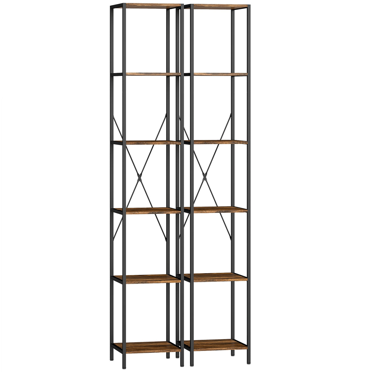 2-Piece 6-Tier Bookshelf Set, Steel Frame, Rustic Brown