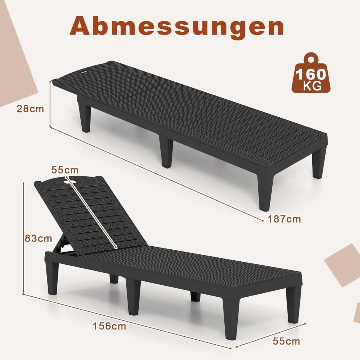 2-Piece Adjustable Reclining Sun Lounger Set, Black, Weatherproof