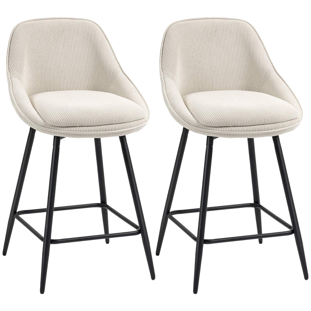 2-Piece Bar Stool Set, Corduroy, Steel Legs, Cream