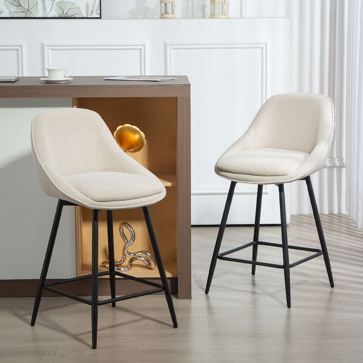 2-Piece Bar Stool Set, Corduroy, Steel Legs, Cream