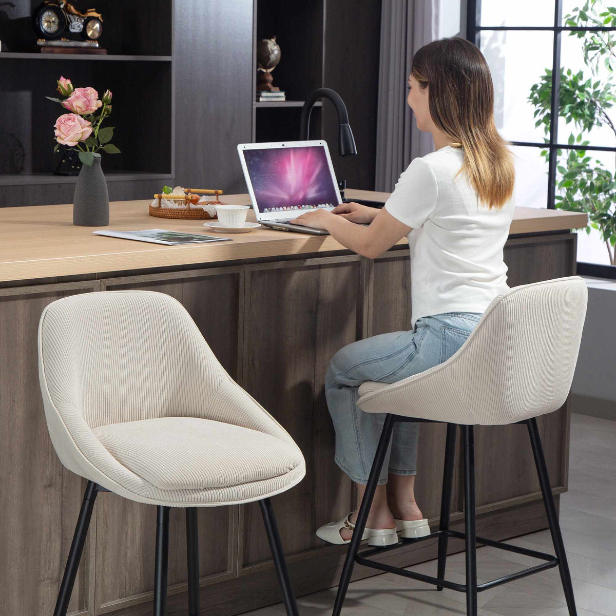 2-Piece Bar Stool Set, Corduroy, Steel Legs, Cream